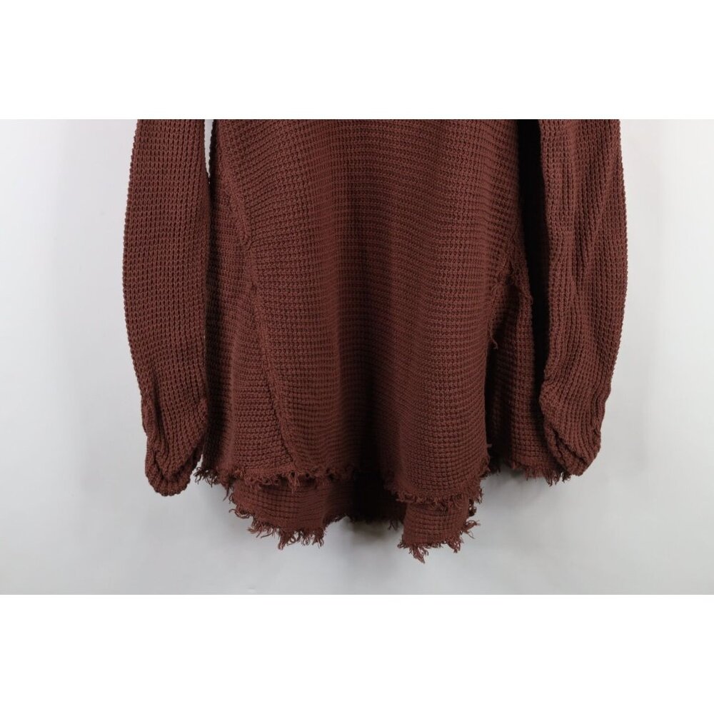 Free People Womens Large Faded Fringed Cold Shoulder Thermal Knit Sweater Brown - Picture 3 of 13